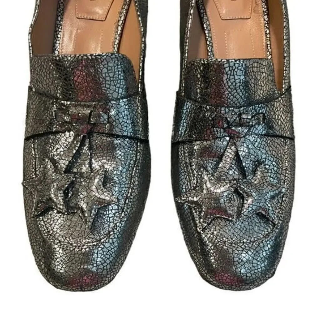 Alberta Ferretti Silver Metallic Loafers Star Tassel 8 IT38‎ Block Heel Italian